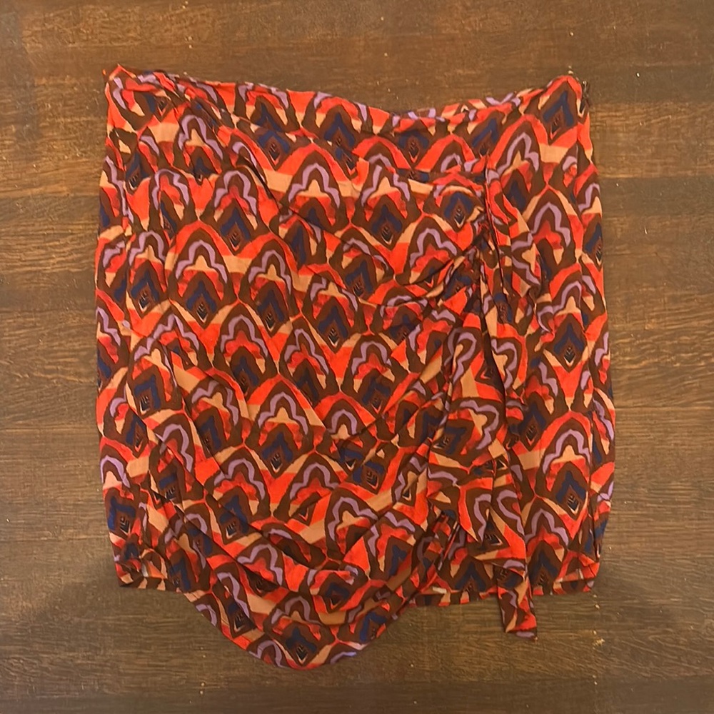 Red and Purple Mini Wrap Skirt with Asymmetrical Tie Front for Casual Wear